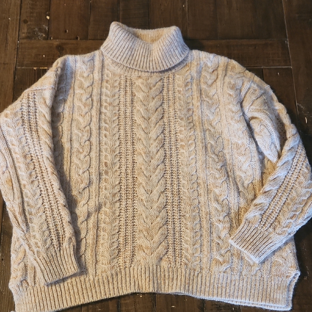 Sadie & Sage Cable Knit Turtleneck Sweater Cream&Tan XL
